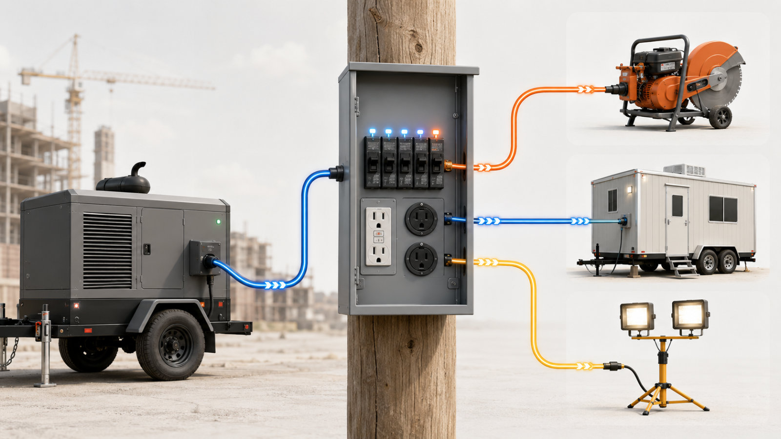 Diagram illustrating a towable generator connected to a temporary power distribution panel powering equipment, a jobsite office trailer, and floodlights.