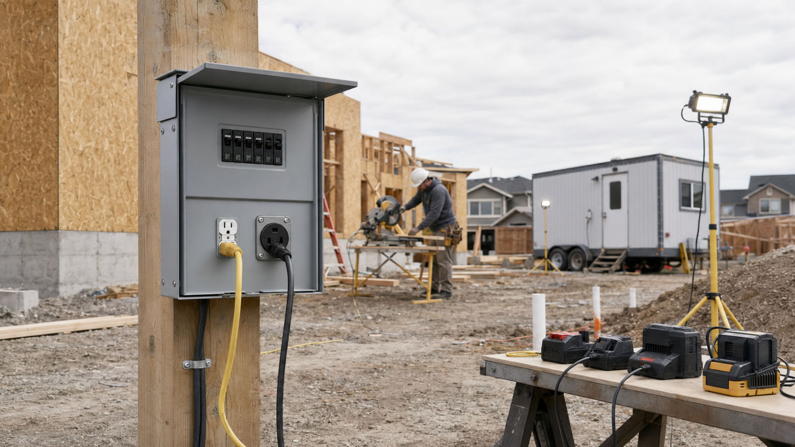 A temporary power panel providing electricity for a construction site with power cords supplying a miter saw, work lights, tool battery chargers, and a site trailer.