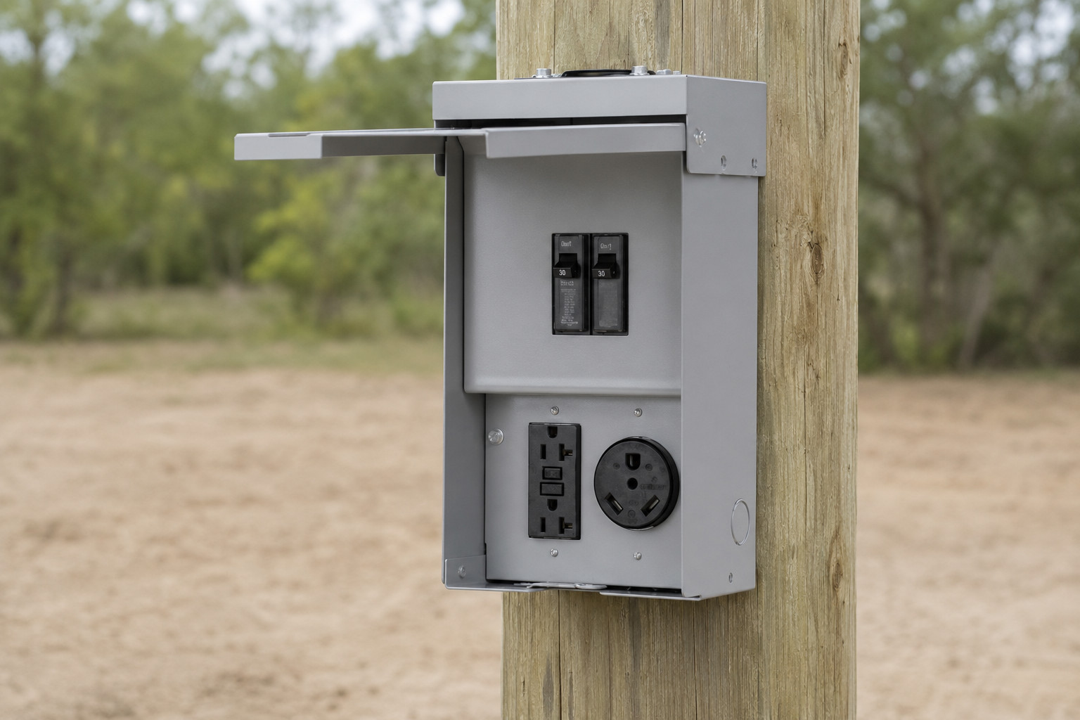 outdoor-temporary-power-distribution-panel An outdoor weather-resistant temporary power distribution panel mounted on a wooden post featuring circuit breakers, a GFCI outlet, and a 240V receptacle.