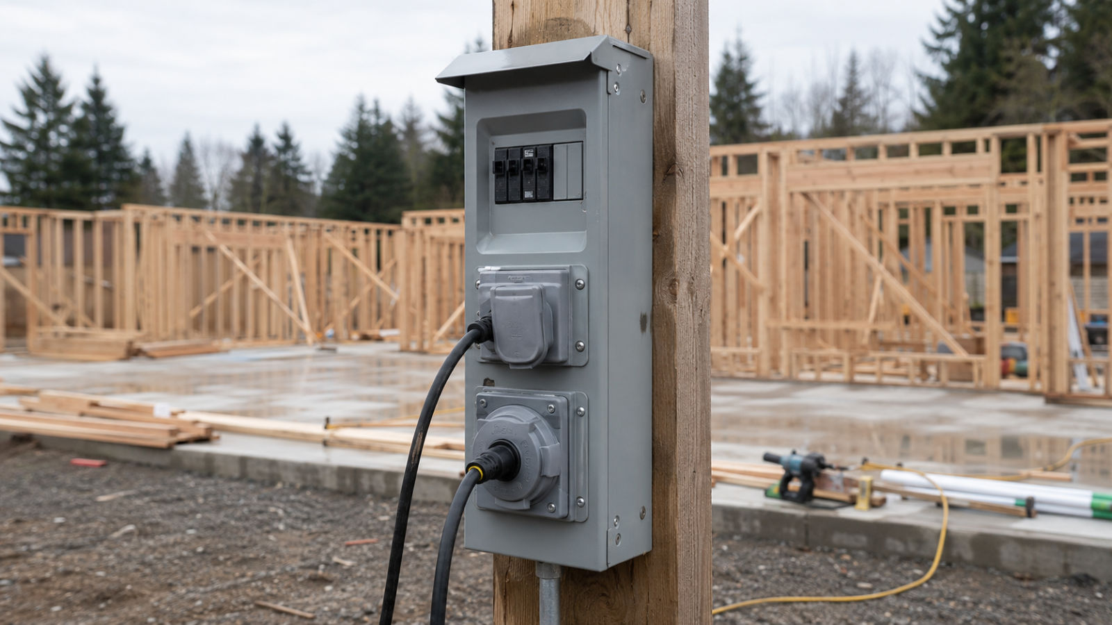 A gray temporary electrical power distribution box mounted on a post at an active residential construction job site with cords connected.