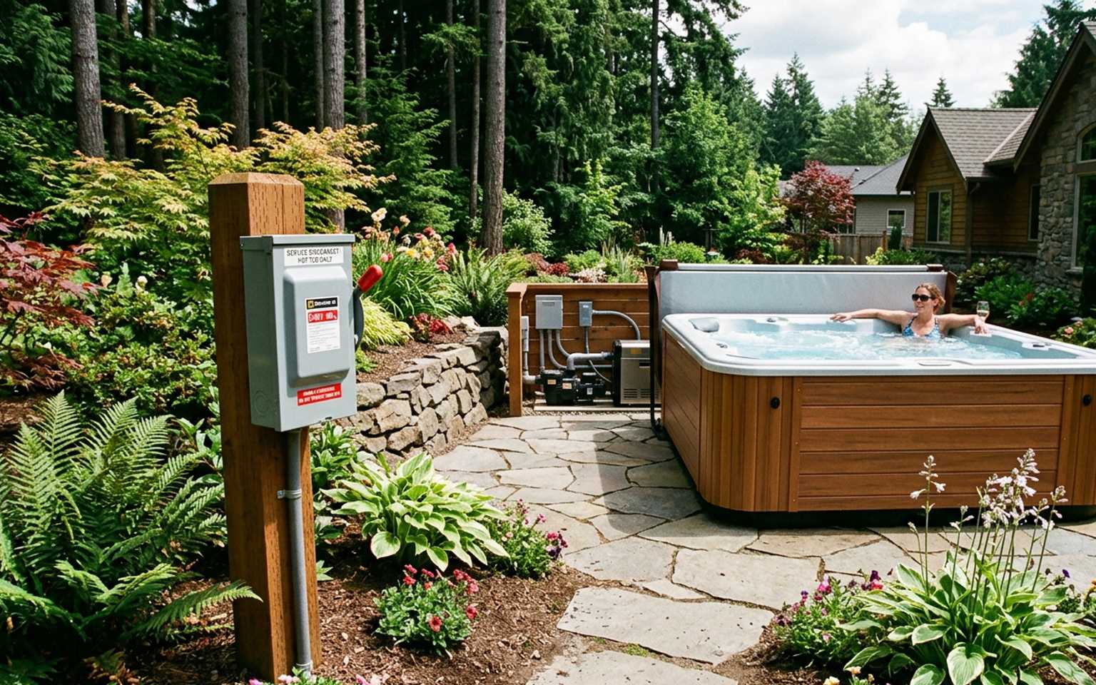 Weatherproof hot tub electrical disconnect panel mounted on a post near an outdoor patio spa.