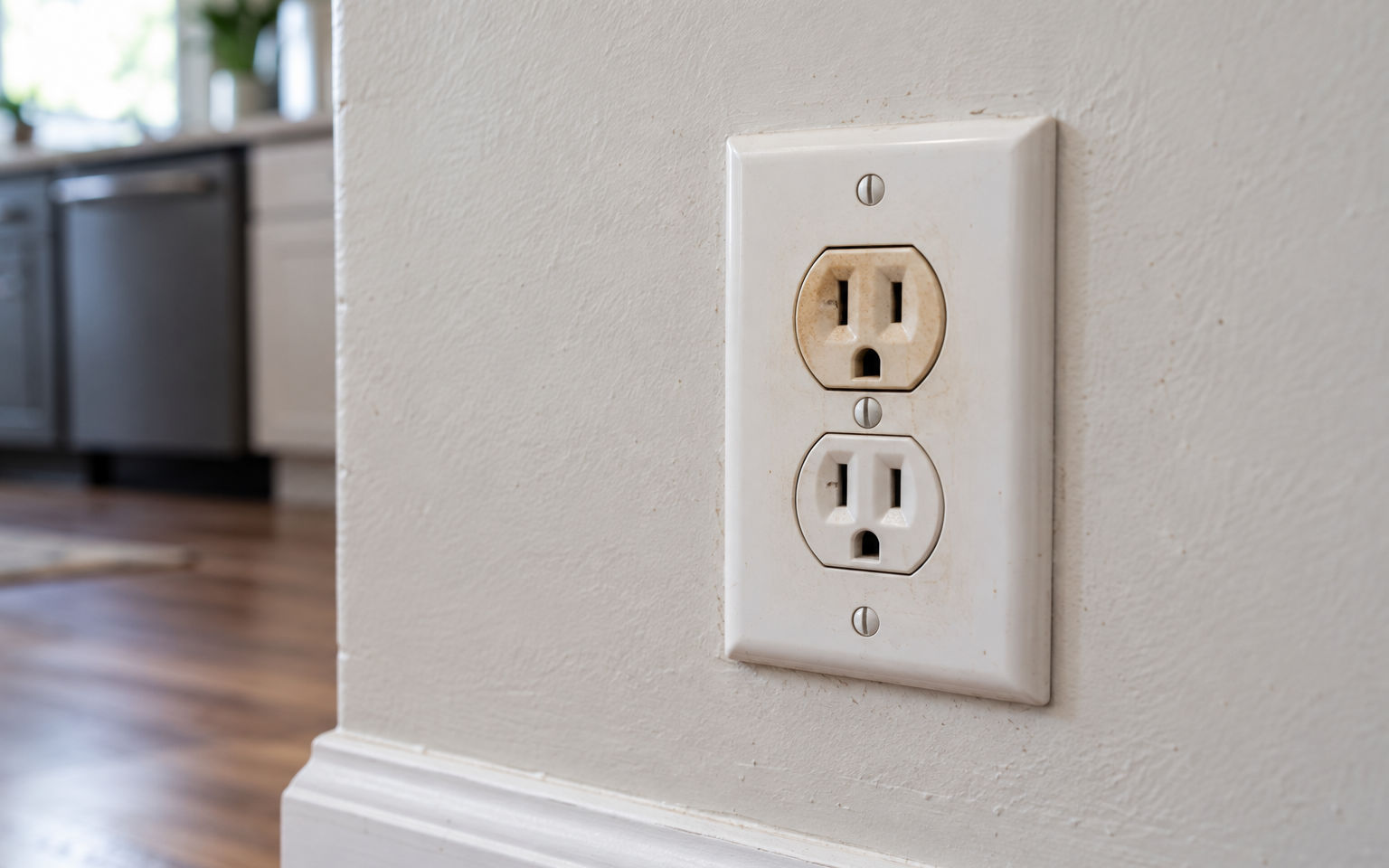 Close up of an aged discolored electrical outlet on a residential wall showing potential signs of home electrical wear.
