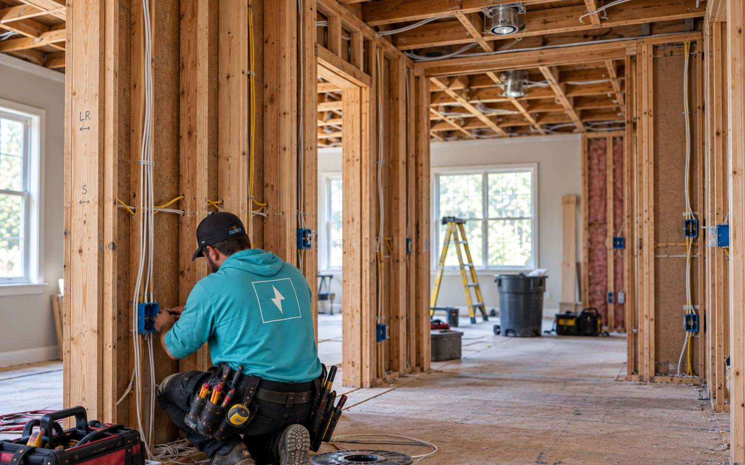 Take Charge Electric electrician installing new electrical wiring in open wall studs during a home renovation.