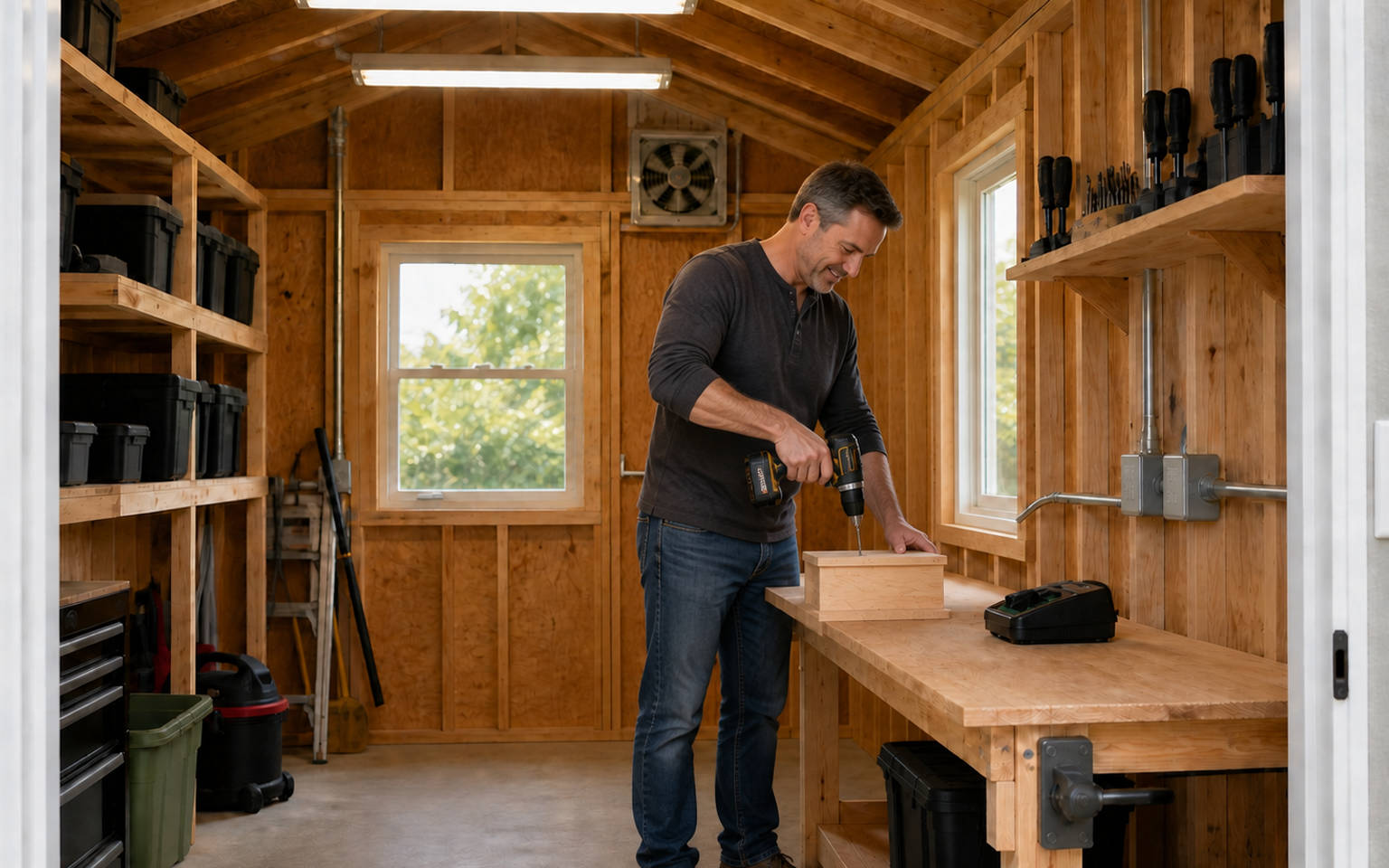 A man using a power drill at a workbench inside a fully illuminated, wired backyard shed workshop.