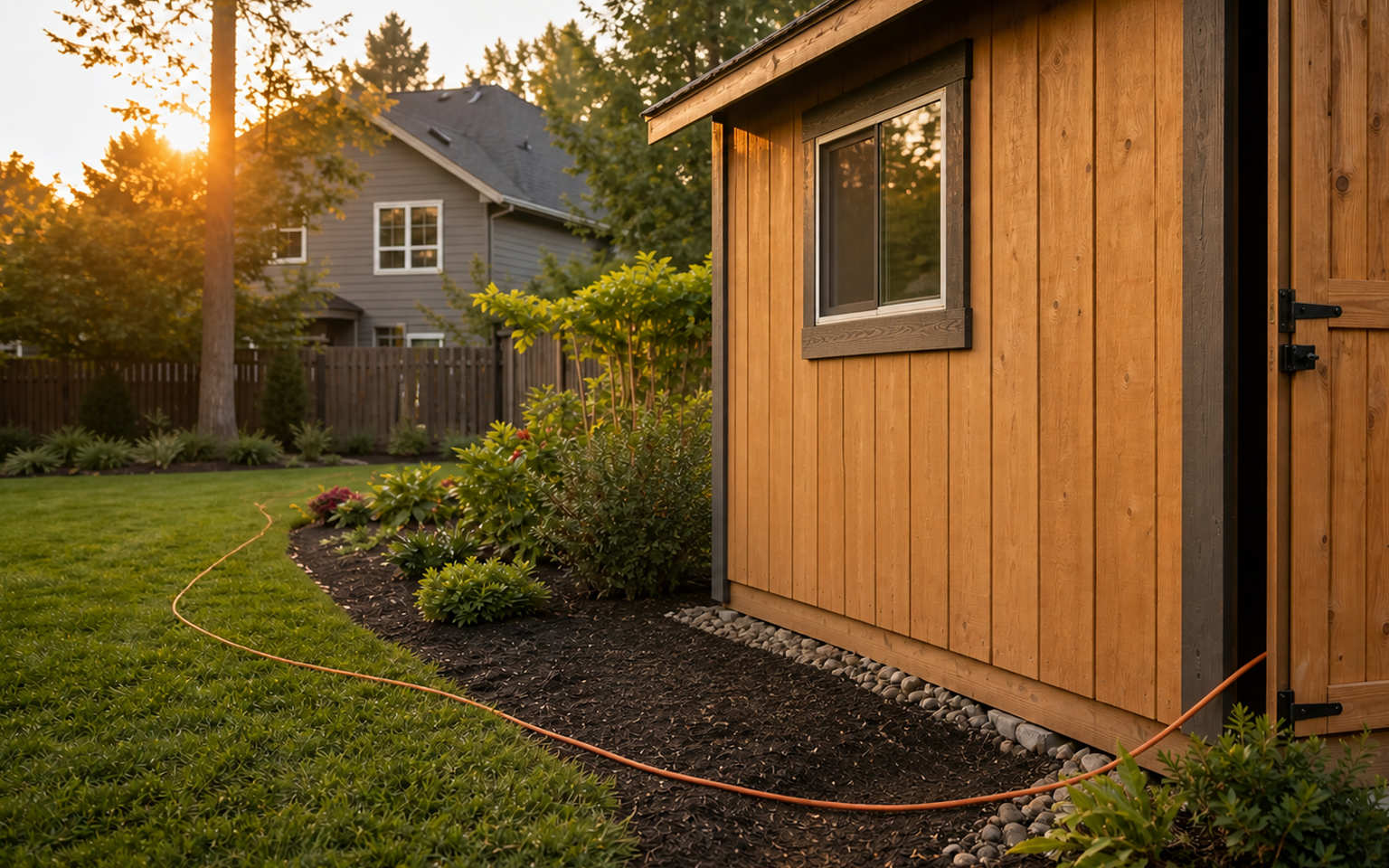 safely-powering-a-backyard-shed-extension-cord-risk An orange extension cord running across a backyard lawn to a wooden shed, illustrating unsafe temporary electrical setup.