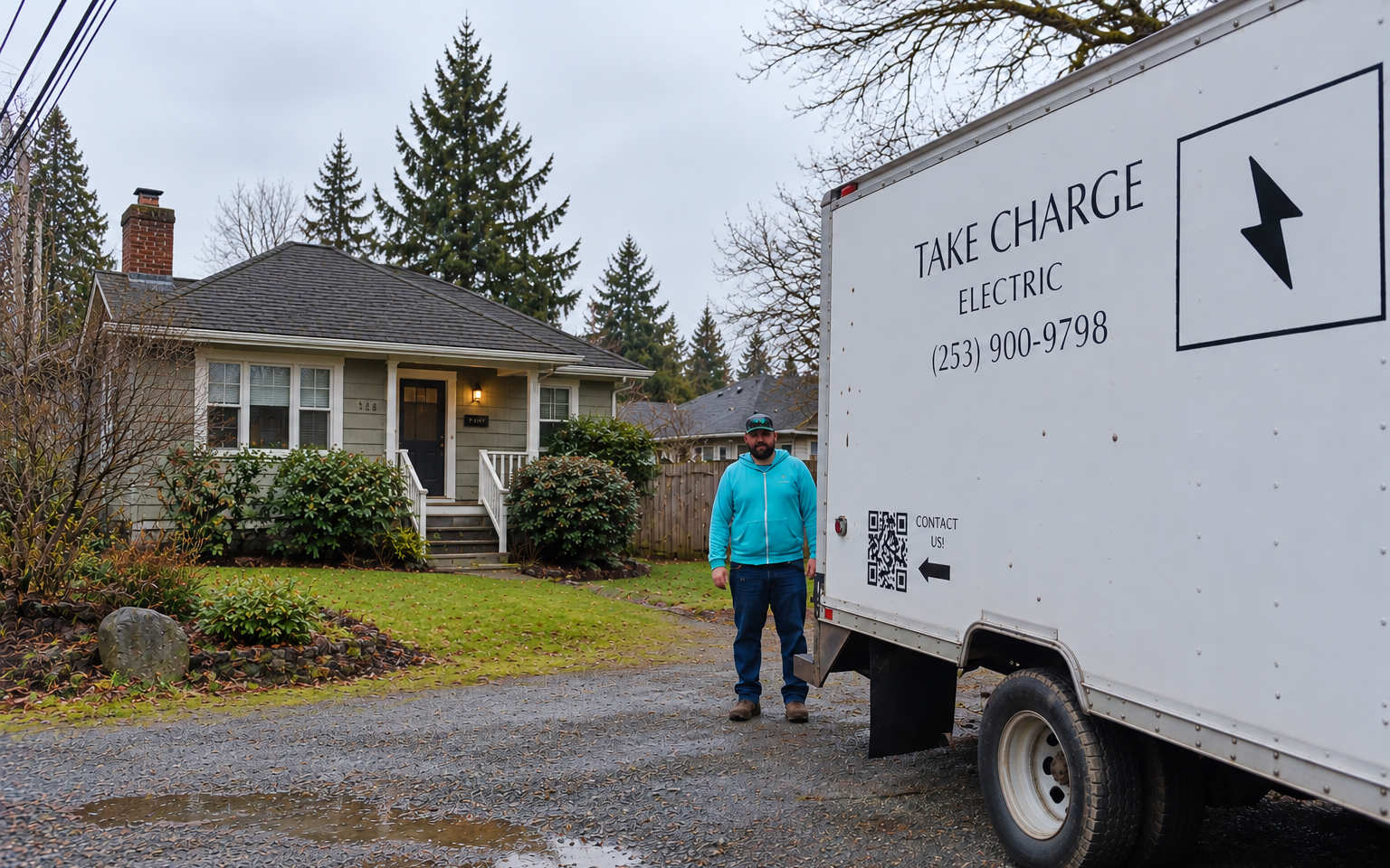 Take Charge Electric electrician standing next to a branded service truck parked outside a single-family home.