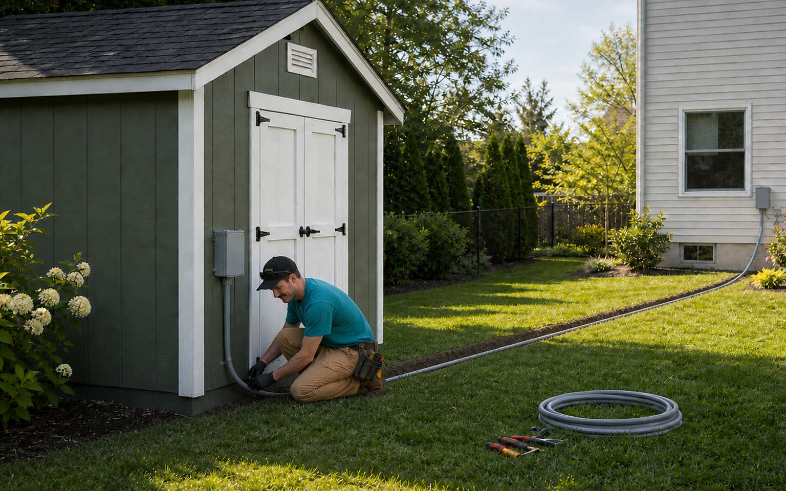 An electrician installing proper underground wiring conduit and an exterior subpanel box on a backyard shed.