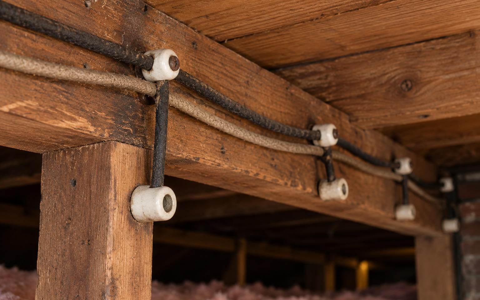 Old knob and tube electrical wiring mounted to wooden floor joists inside an older home.