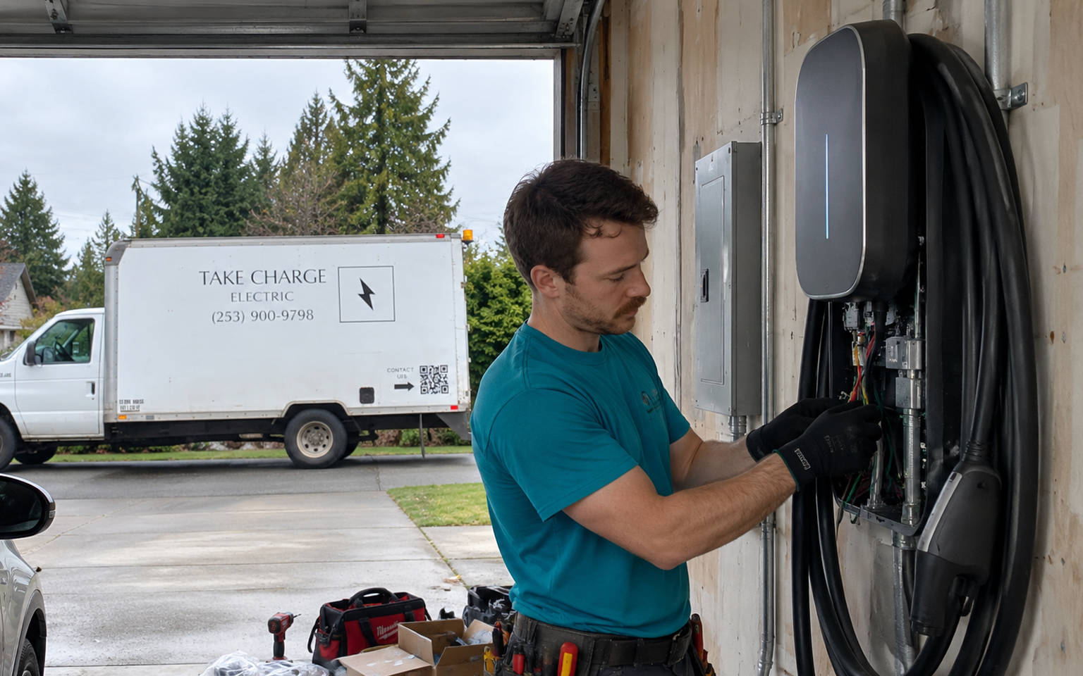 Take Charge Electric technician wiring and installing a wall-mounted Level 2 EV charging station inside a residential garage.