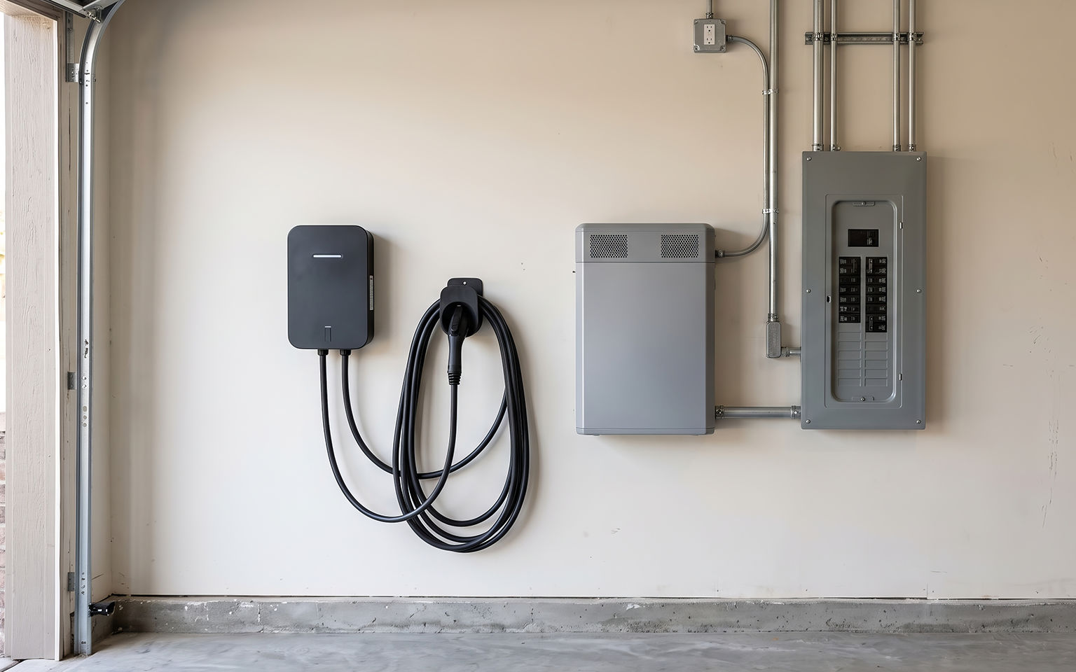 Dedicated Level 2 EV charging station mounted on a garage wall next to a residential electrical breaker panel and conduit wiring.