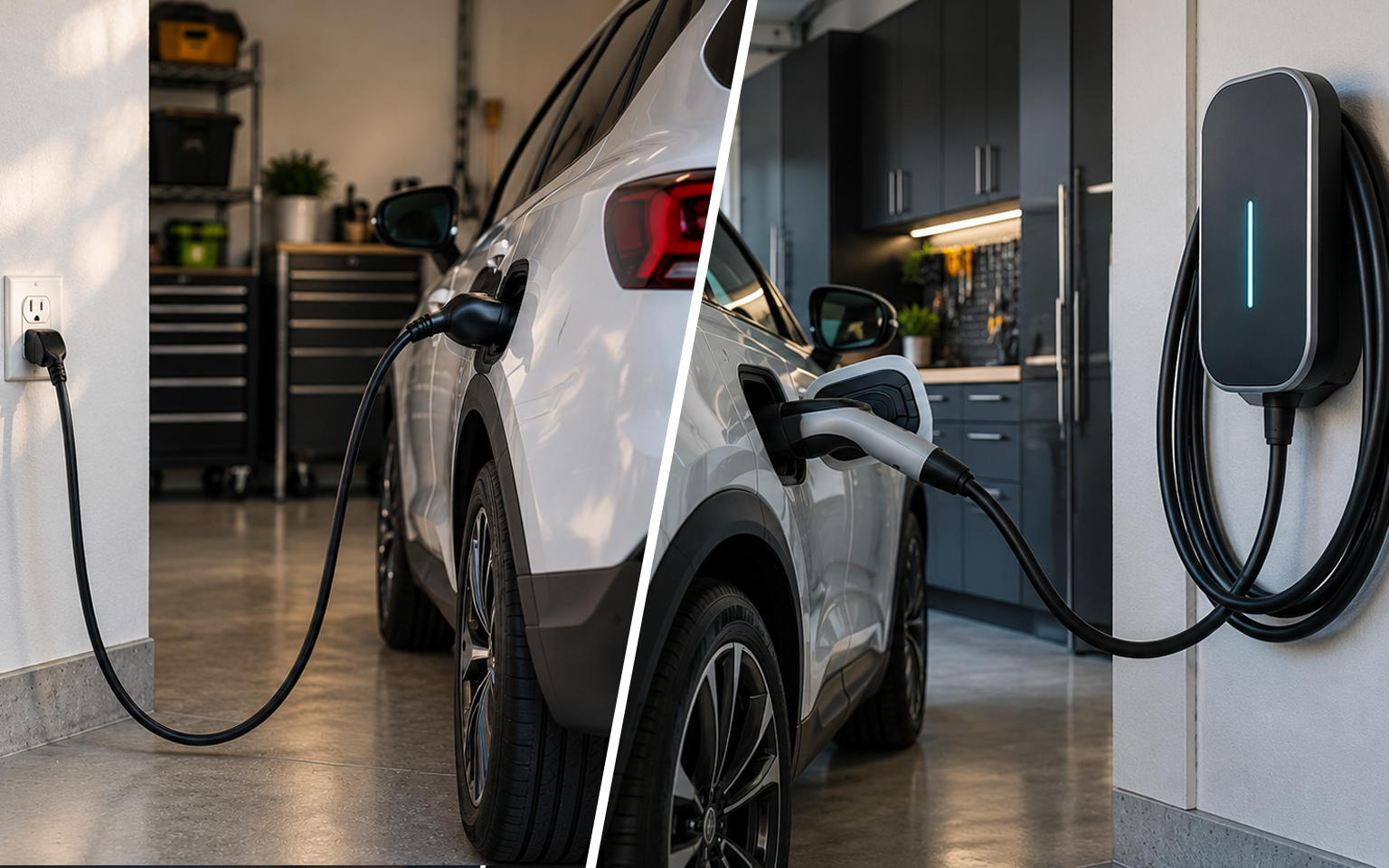 Side-by-side comparison showing Level 1 EV charging via a standard wall outlet versus faster Level 2 charging with a dedicated wall-mounted unit.