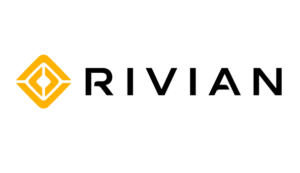 Rivian emblem with yellow diamond icon and black lettering.